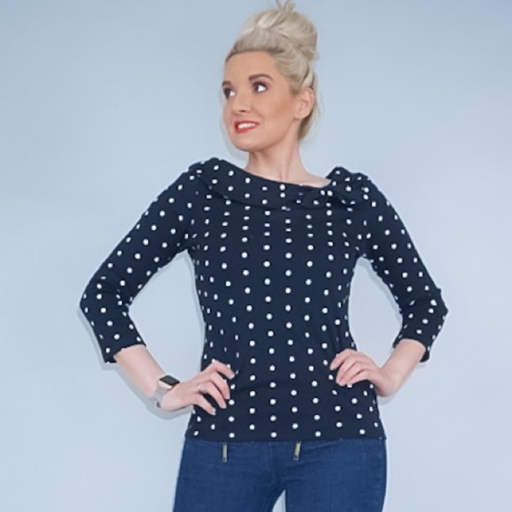 Black and White Polka Dot Boat Neck Shirt - Picture 12 of 16